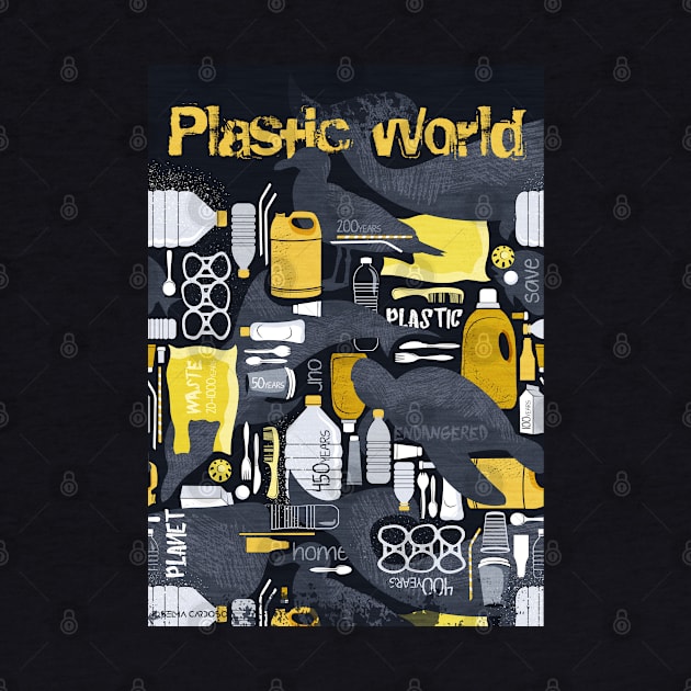 Our plastic planet // print // black background grey endangered animal species with yellow white and transparent plastic waste by SelmaCardoso